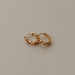 Load image into Gallery viewer, Pair of gold hoop earrings on a beige background
