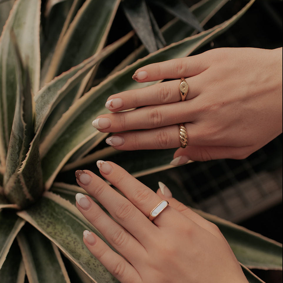Close-up of hands with rings on a plant