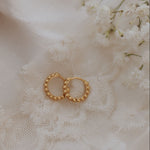 A pair of gold hoop earrings with a beaded textured border, displayed on a soft white lace fabric with white baby's breath flowers.