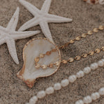 Load image into Gallery viewer, Pearl necklace and gold chain on sand with starfish and shells
