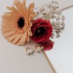 Pair of gold earrings with turquoise stones on a surface with flowers and a white card.