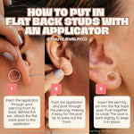Step-by-step guide on how to put in flat back studs with an applicator, featuring close-up images of an ear and text instructions.