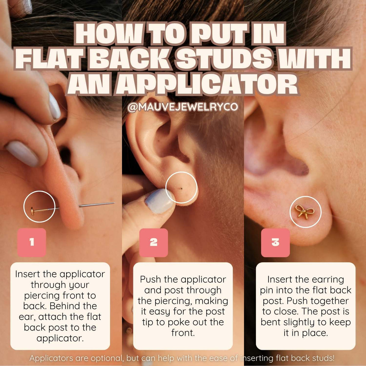 Step-by-step guide on how to put in flat back studs with an applicator, featuring close-up images of an ear and text instructions.