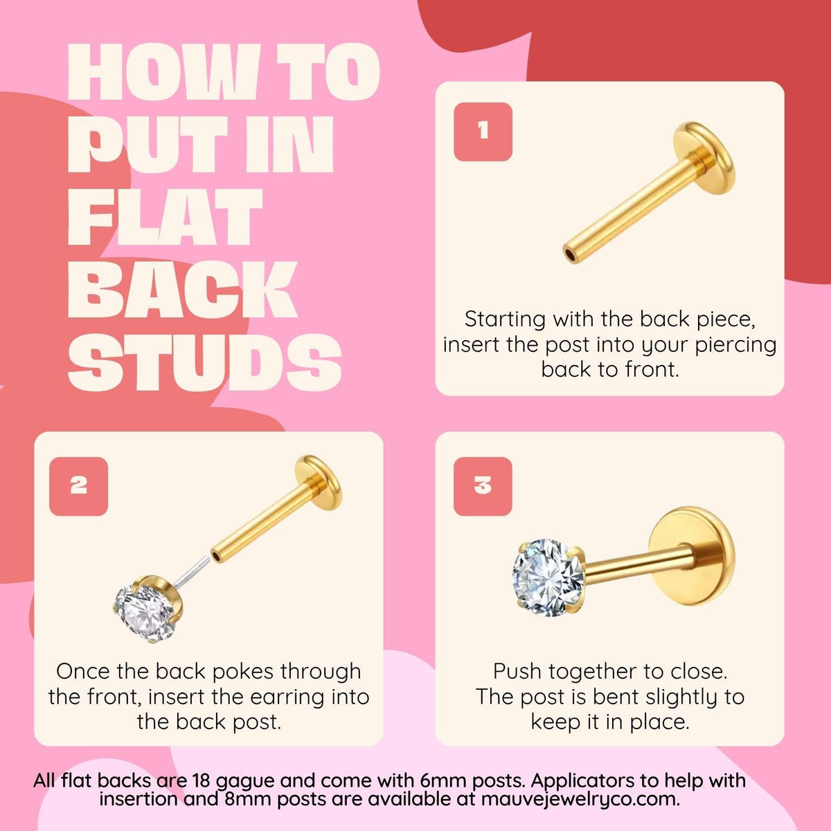 Step-by-step guide on how to put in flat back studs with illustrations and text.