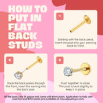 Step-by-step guide on how to put in flat back studs with illustrations and text.